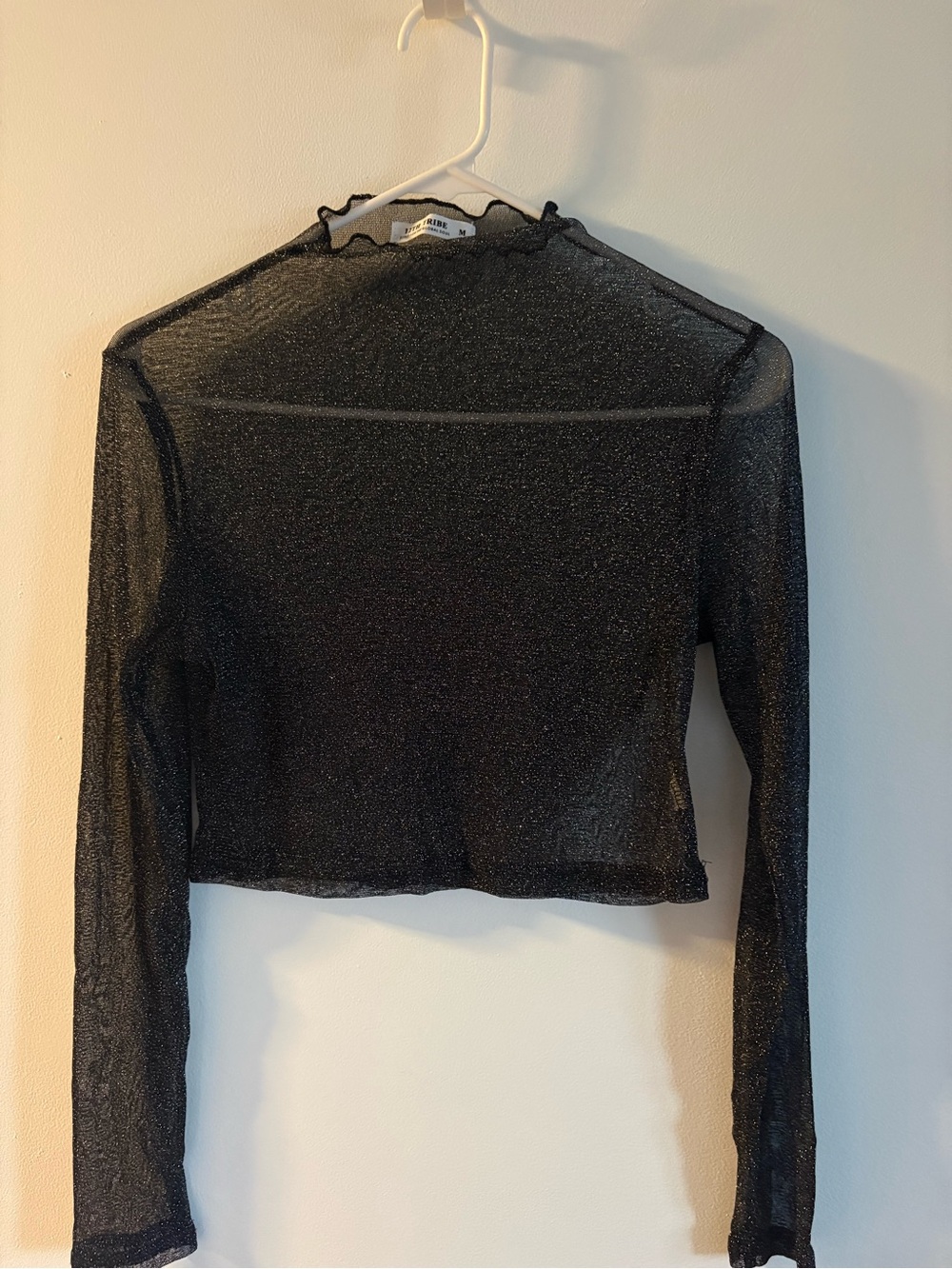 12th Tribe Black Shimmer Sheer Long-Sleeve Crop Top